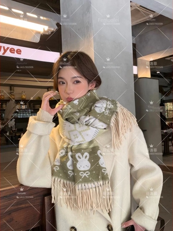 Koreai stílusú Cartoon nyuszi sál diáklányoknak télre, twill szövés, akril alapú imitált kasmír, hosszú elegáns dizájn, meleg
