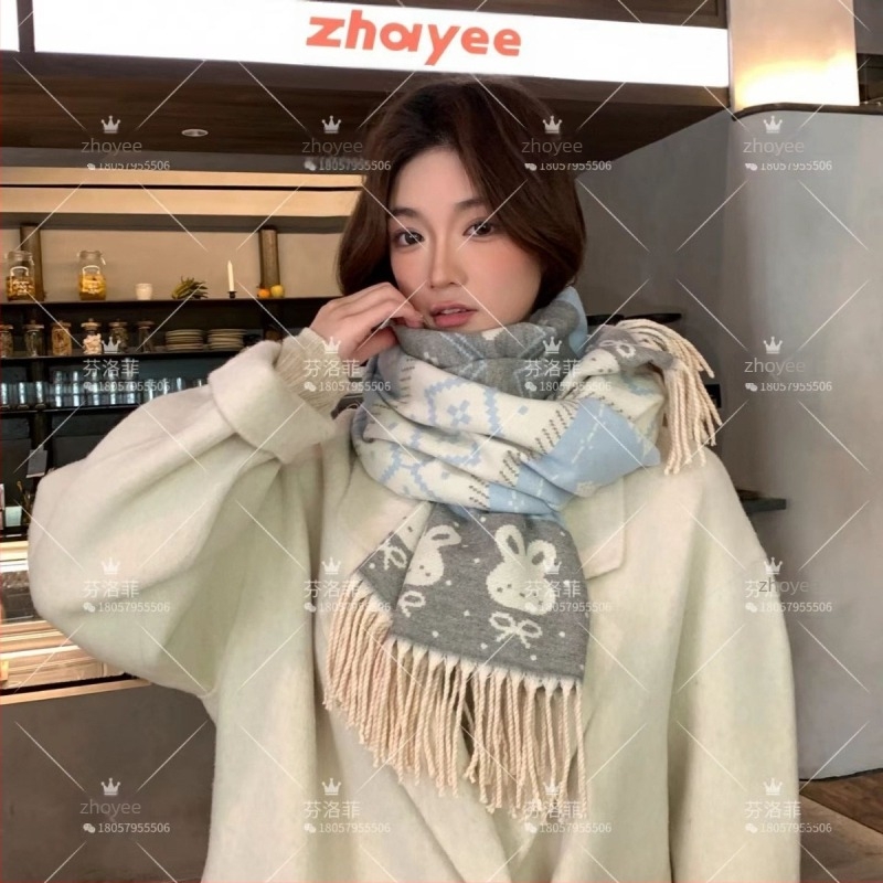 Koreai stílusú Cartoon nyuszi sál diáklányoknak télre, twill szövés, akril alapú imitált kasmír, hosszú elegáns dizájn, meleg