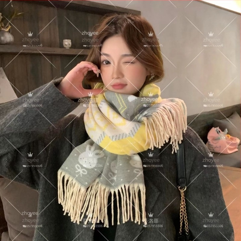 Koreai stílusú Cartoon nyuszi sál diáklányoknak télre, twill szövés, akril alapú imitált kasmír, hosszú elegáns dizájn, meleg