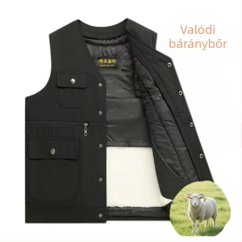 Férfi gyapjú téli mellény integrált szőrrel — kapucnival, V-nyakú, csíkos corduroy anyag, vastagított