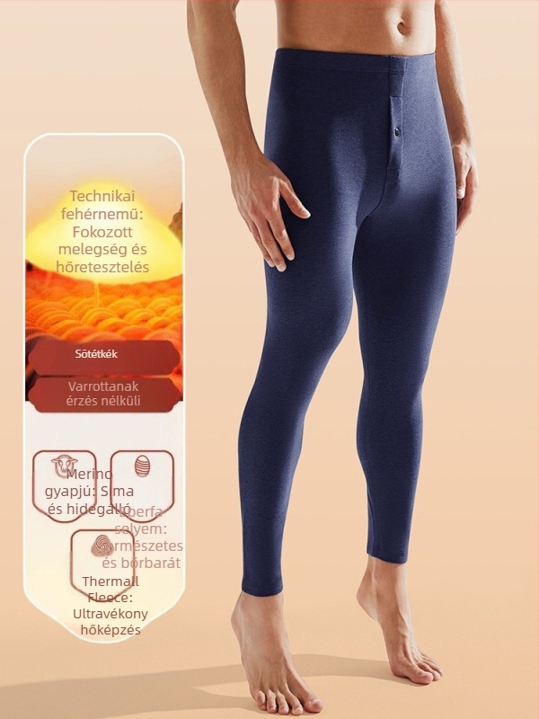 Férfi termikus leggings fleece-béléssel, vastag és melegítő alapréteg selyem-gyapjú keverékből télre