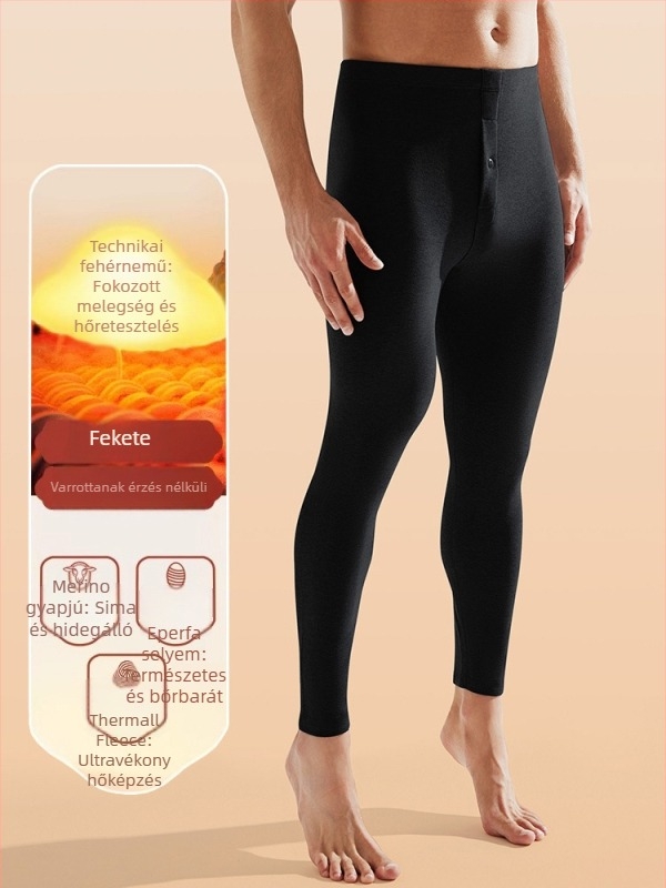 Férfi termikus leggings fleece-béléssel, vastag és melegítő alapréteg selyem-gyapjú keverékből télre