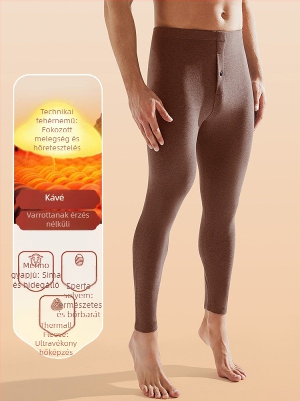 Férfi termikus leggings fleece-béléssel, vastag és melegítő alapréteg selyem-gyapjú keverékből télre