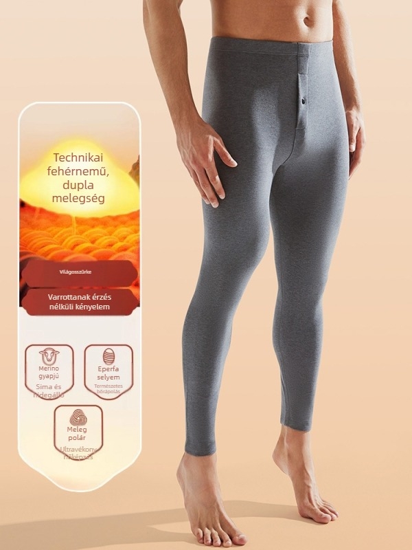 Férfi termikus leggings fleece-béléssel, vastag és melegítő alapréteg selyem-gyapjú keverékből télre