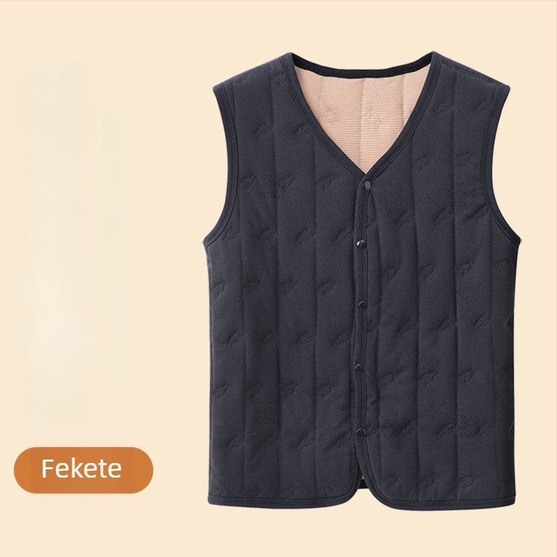 Uniszex termikus mellény fleece béléssel, háromrétegű vastag anyag, 251–300 g/m², poliészter 90–95%, gombos záródás, V-nyakú