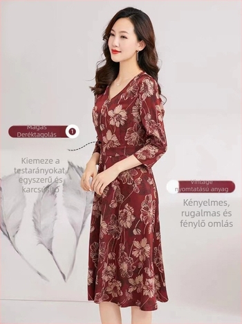 A-vonalú midi ruha, 3/4 hosszú ujjú, polo gallér, magas derék, elegáns retro stílus esküvőkre