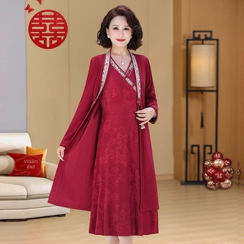 Két darabos midi ruhaszett cheongsam-stílusban, poliészter keverék, patchwork és béka gombok