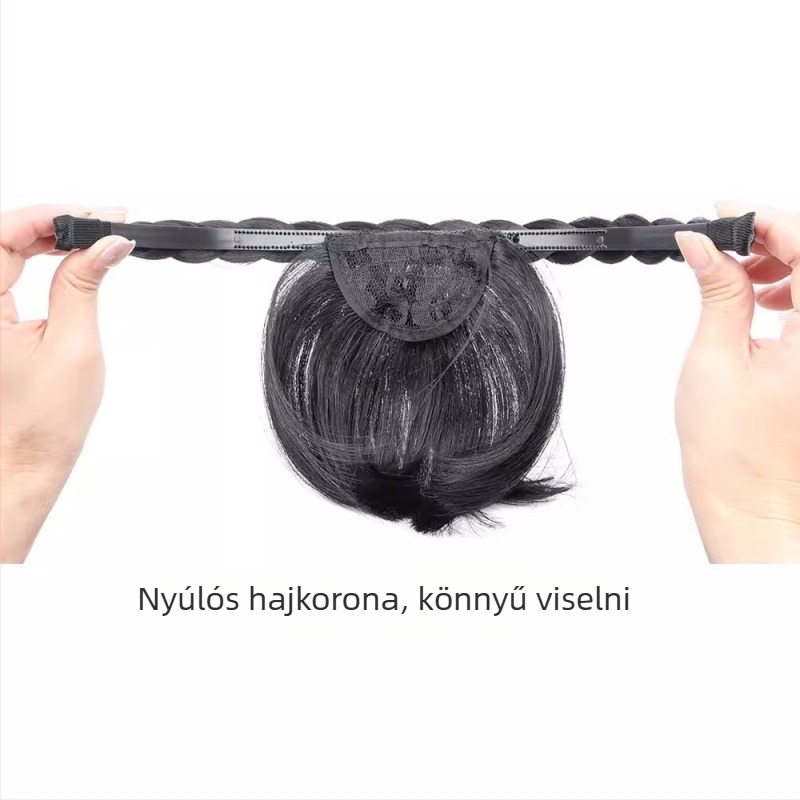 Fejdíszes paróka és egyenes frufru, csavart copfstílus, magas hőmérsékletű rostok, hő nélküli festés