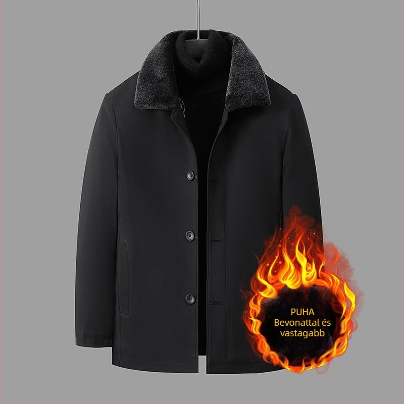 Férfi pamut töltött kabát, zipzáras, fleece bélés, pamut töltet, középhosszú, minimalist stílus