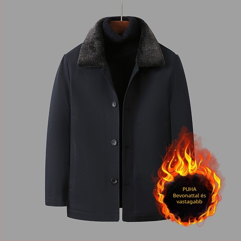 Férfi pamut töltött kabát, zipzáras, fleece bélés, pamut töltet, középhosszú, minimalist stílus