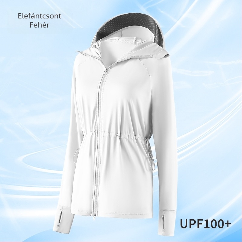 Női kültéri széldzseki UPF100+ UV-védelemmel, kapucnis, légáteresztő anyag (82% nylon / 18% spandex), modell F017
