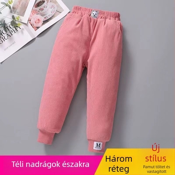 Lányoknak készült fleece-bevonatú vastag pamutnadrág, háromréteg quiltelt melegséggel, mindennapi kültéri téli viselet