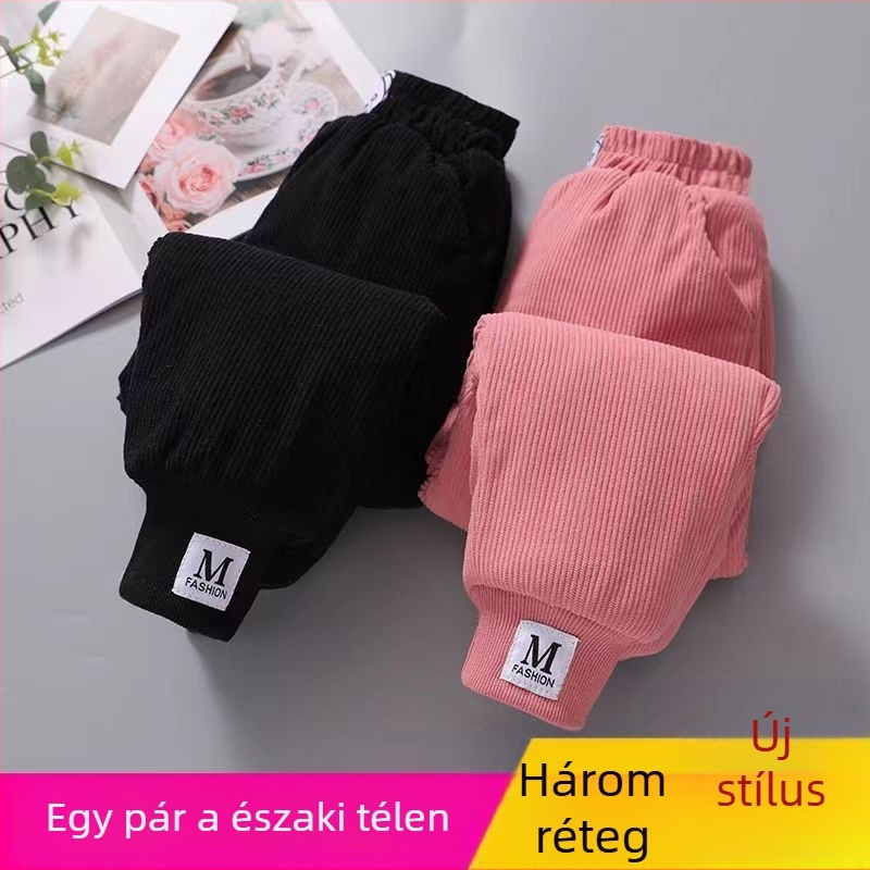 Lányoknak készült fleece-bevonatú vastag pamutnadrág, háromréteg quiltelt melegséggel, mindennapi kültéri téli viselet