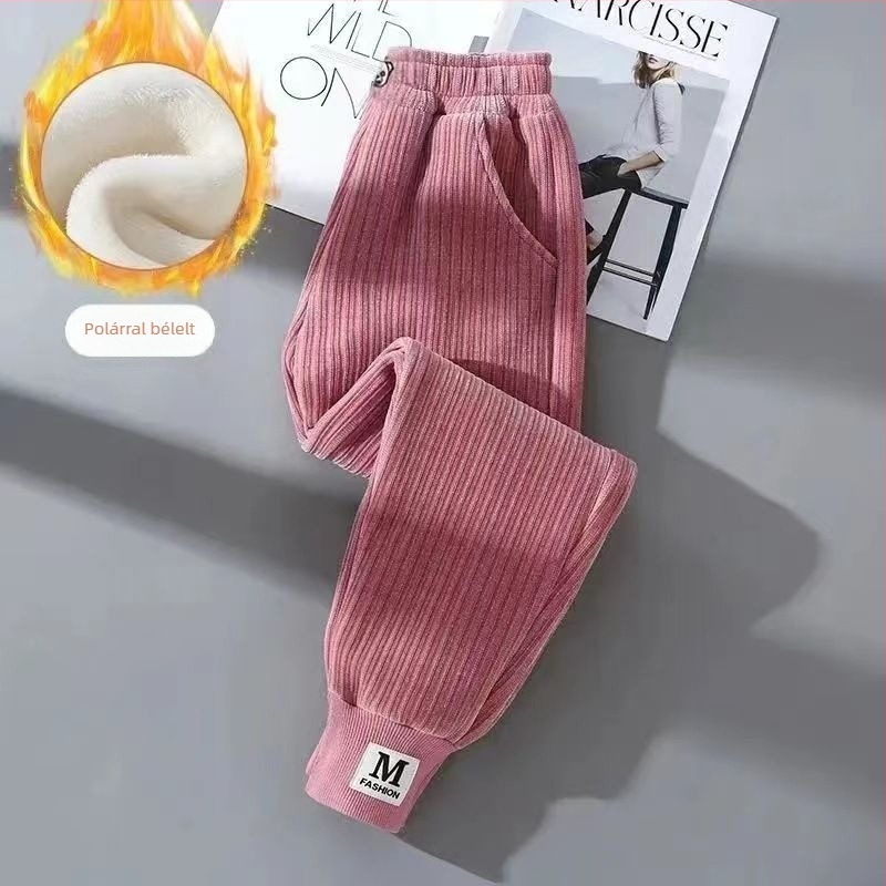 Lányoknak készült fleece-bevonatú vastag pamutnadrág, háromréteg quiltelt melegséggel, mindennapi kültéri téli viselet