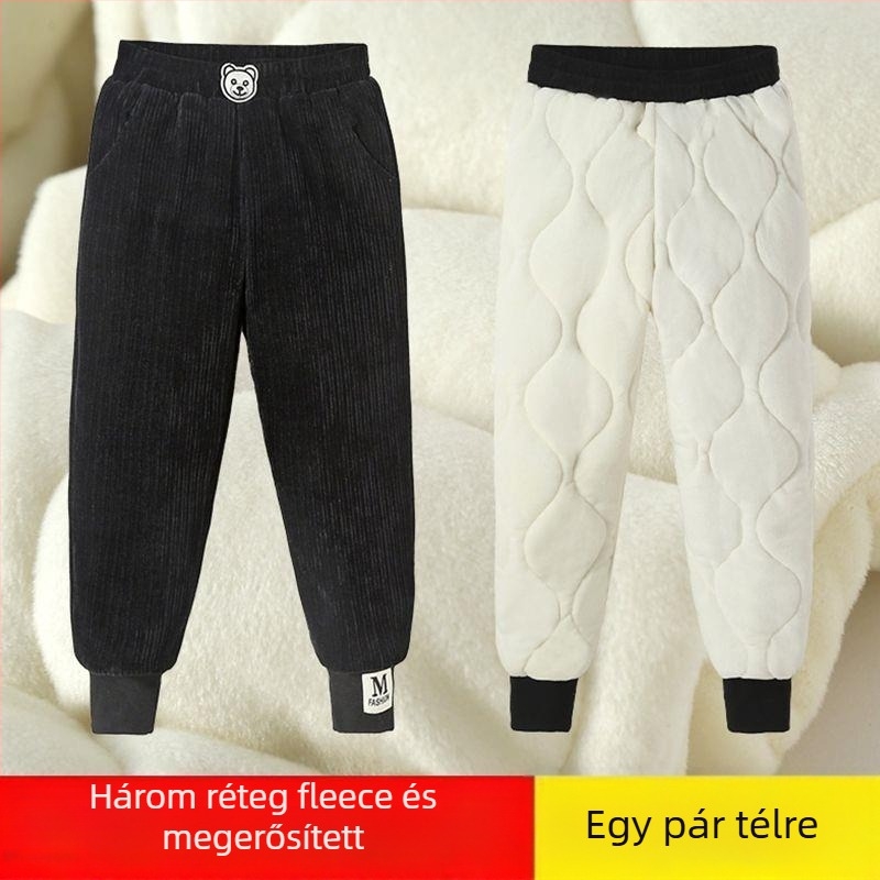 Lányoknak készült fleece-bevonatú vastag pamutnadrág, háromréteg quiltelt melegséggel, mindennapi kültéri téli viselet