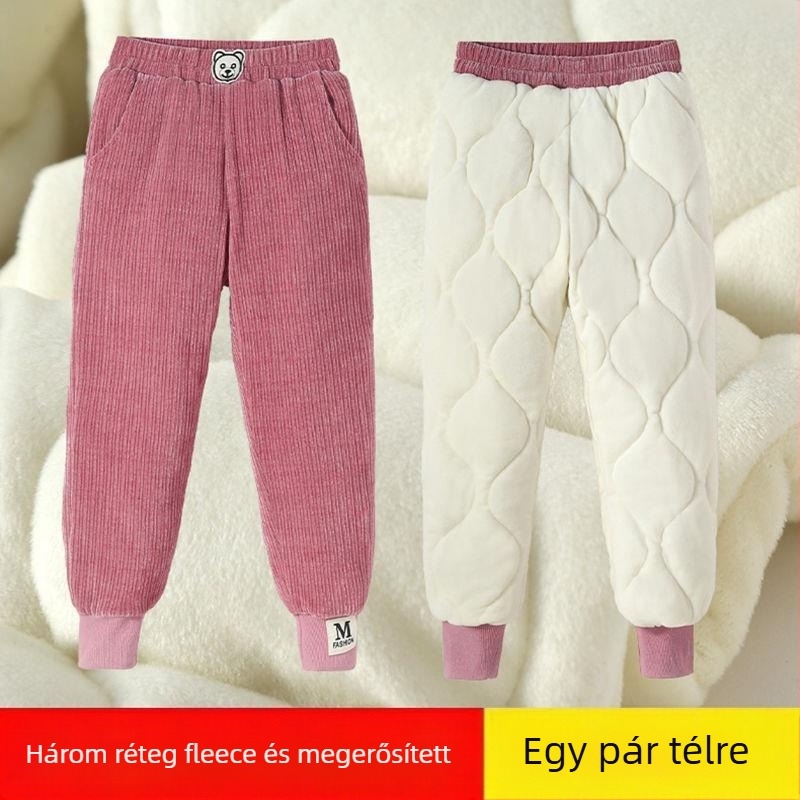 Lányoknak készült fleece-bevonatú vastag pamutnadrág, háromréteg quiltelt melegséggel, mindennapi kültéri téli viselet