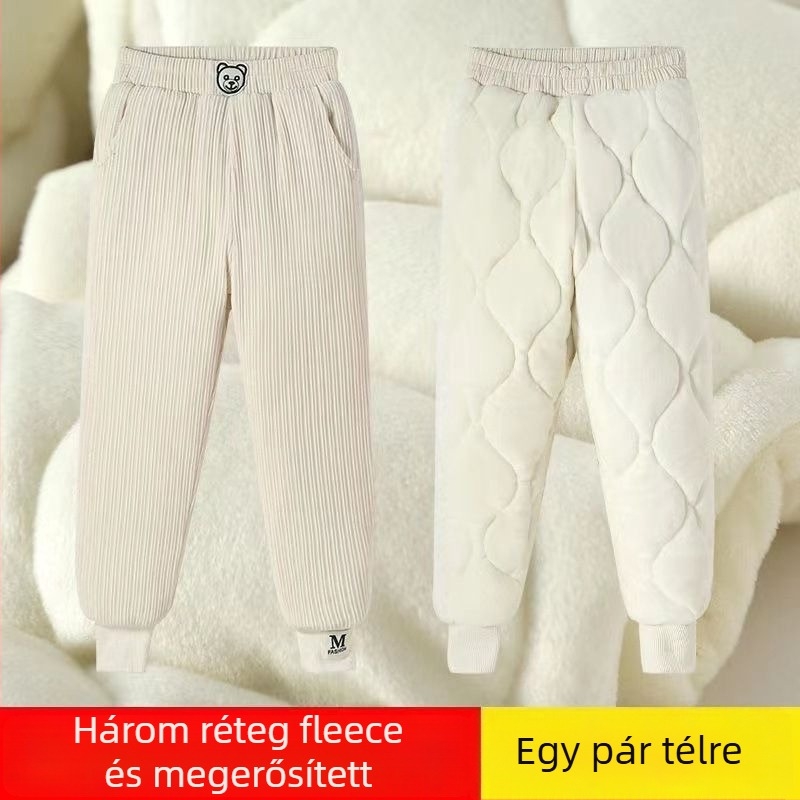 Lányoknak készült fleece-bevonatú vastag pamutnadrág, háromréteg quiltelt melegséggel, mindennapi kültéri téli viselet