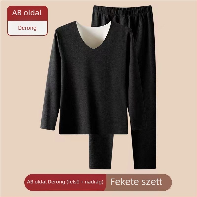 Uniszex téli alapréteg készlet – varrat nélküli, fleece bélés, poliészter, dupla réteg, V-nyakú