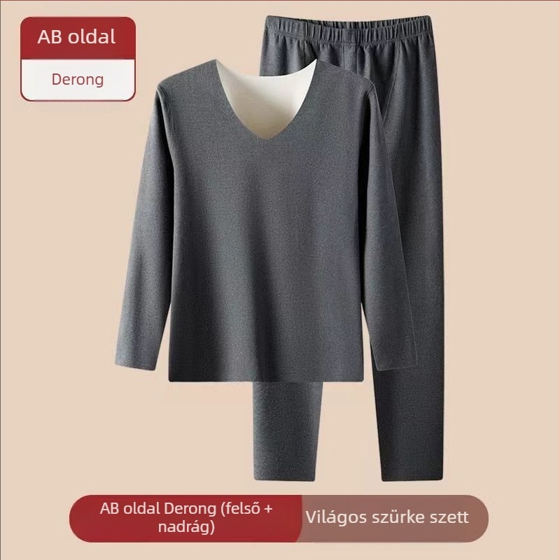Uniszex téli alapréteg készlet – varrat nélküli, fleece bélés, poliészter, dupla réteg, V-nyakú
