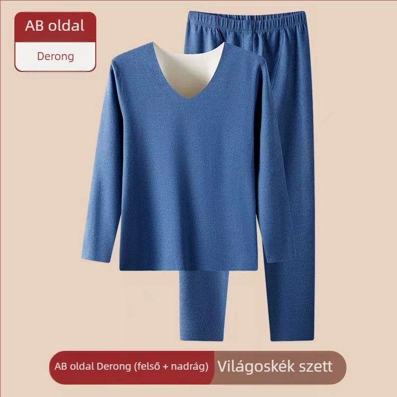 Uniszex téli alapréteg készlet – varrat nélküli, fleece bélés, poliészter, dupla réteg, V-nyakú