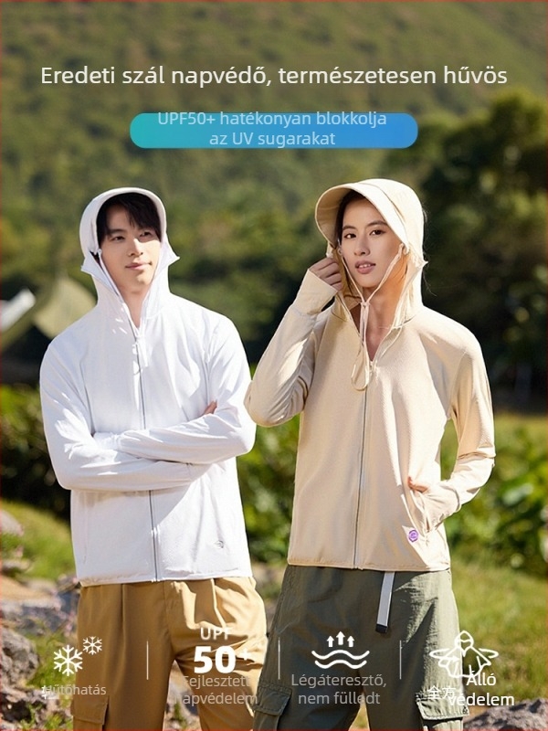 Kapucnis napsugárvédő dzseki UPF50+ Ice Silk anyagból, 93% poliészter, cipzár.