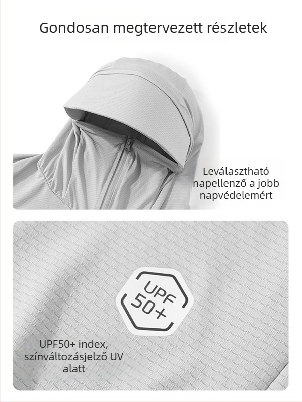Kapucnis napsugárvédő dzseki UPF50+ Ice Silk anyagból, 93% poliészter, cipzár.