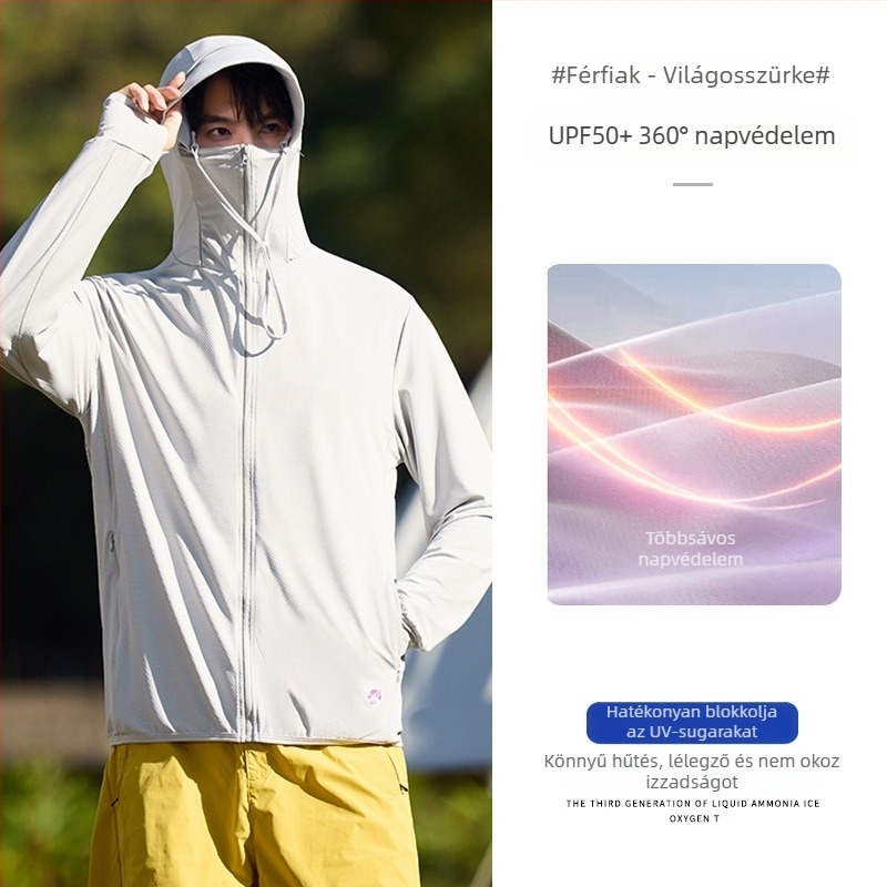 Kapucnis napsugárvédő dzseki UPF50+ Ice Silk anyagból, 93% poliészter, cipzár.