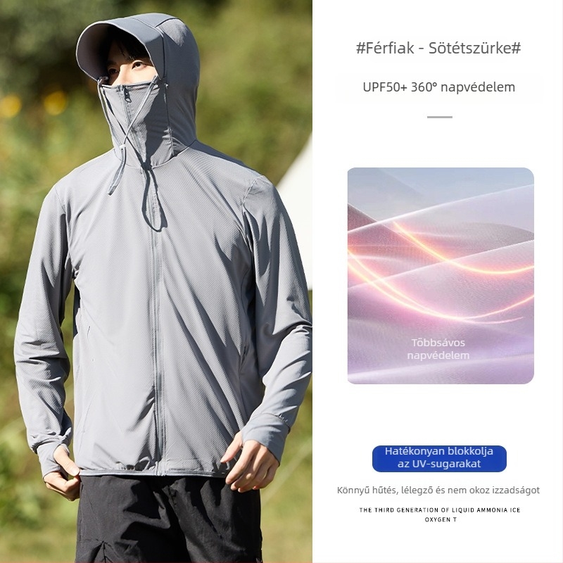 Kapucnis napsugárvédő dzseki UPF50+ Ice Silk anyagból, 93% poliészter, cipzár.