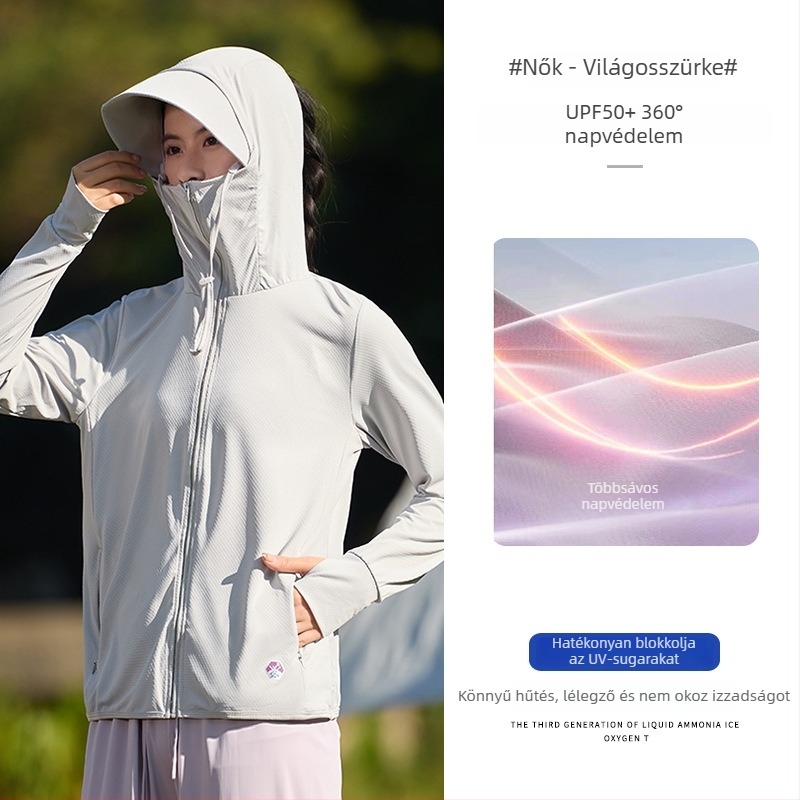 Kapucnis napsugárvédő dzseki UPF50+ Ice Silk anyagból, 93% poliészter, cipzár.