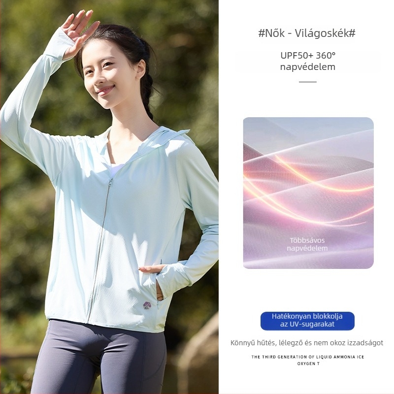Kapucnis napsugárvédő dzseki UPF50+ Ice Silk anyagból, 93% poliészter, cipzár.