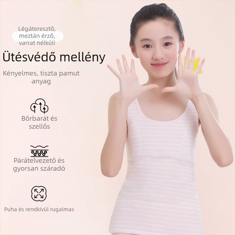 Lányok fejlődési időszakára tervezett alsó felső rögzített mellszövetes párnával, 9–13 év, környakú, 95% pamut, minden évszakban