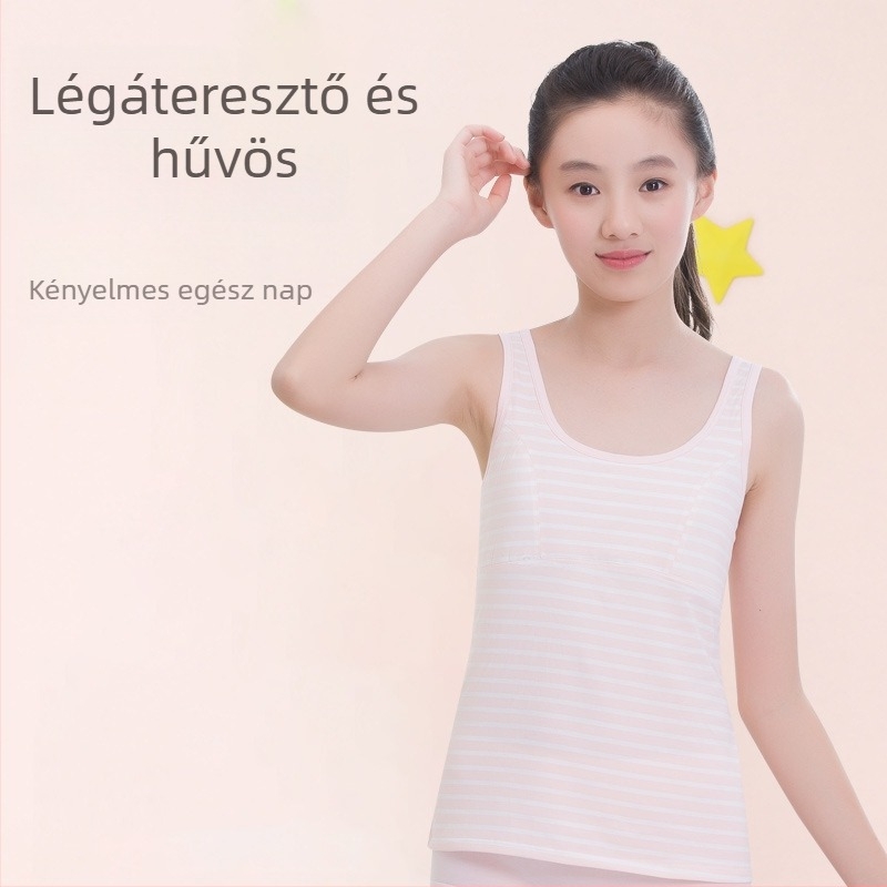 Lányok fejlődési időszakára tervezett alsó felső rögzített mellszövetes párnával, 9–13 év, környakú, 95% pamut, minden évszakban