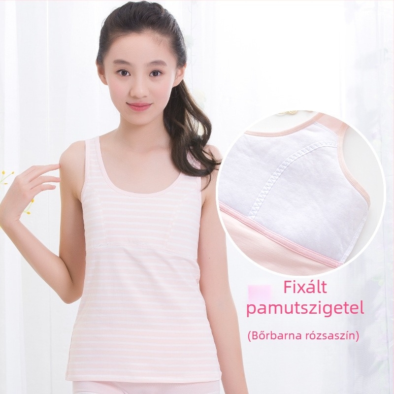 Lányok fejlődési időszakára tervezett alsó felső rögzített mellszövetes párnával, 9–13 év, környakú, 95% pamut, minden évszakban