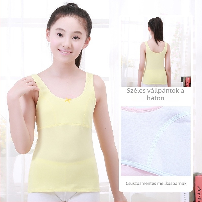 Lányok fejlődési időszakára tervezett alsó felső rögzített mellszövetes párnával, 9–13 év, környakú, 95% pamut, minden évszakban
