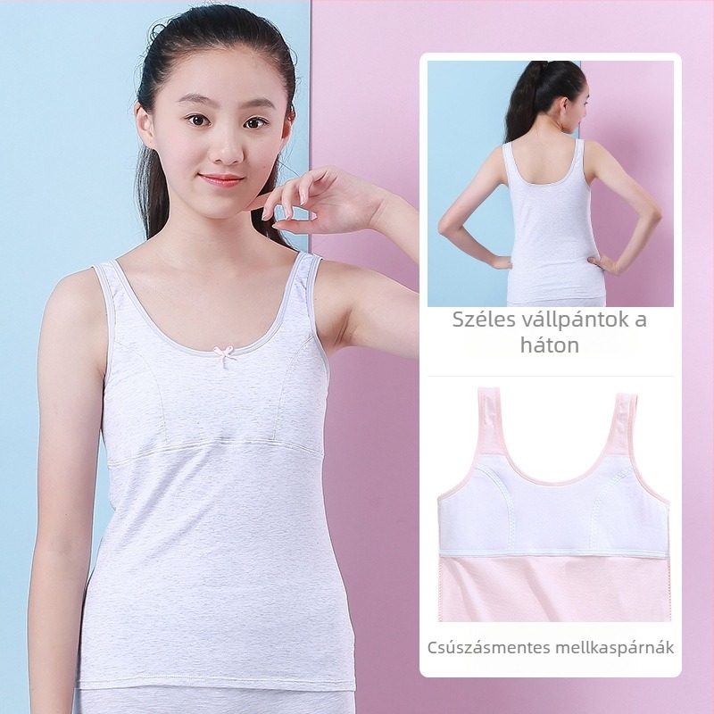 Lányok fejlődési időszakára tervezett alsó felső rögzített mellszövetes párnával, 9–13 év, környakú, 95% pamut, minden évszakban