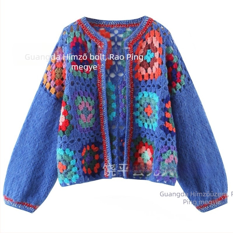 Kézzel kötött kardigán horgolt mintával, granny-square mintázat, etnikus stílus, nyílt mintázat, akril rost 95%+
