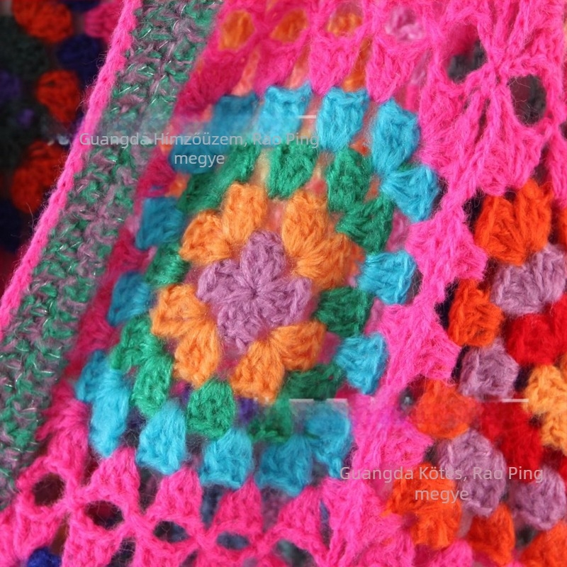 Kézzel kötött kardigán horgolt mintával, granny-square mintázat, etnikus stílus, nyílt mintázat, akril rost 95%+