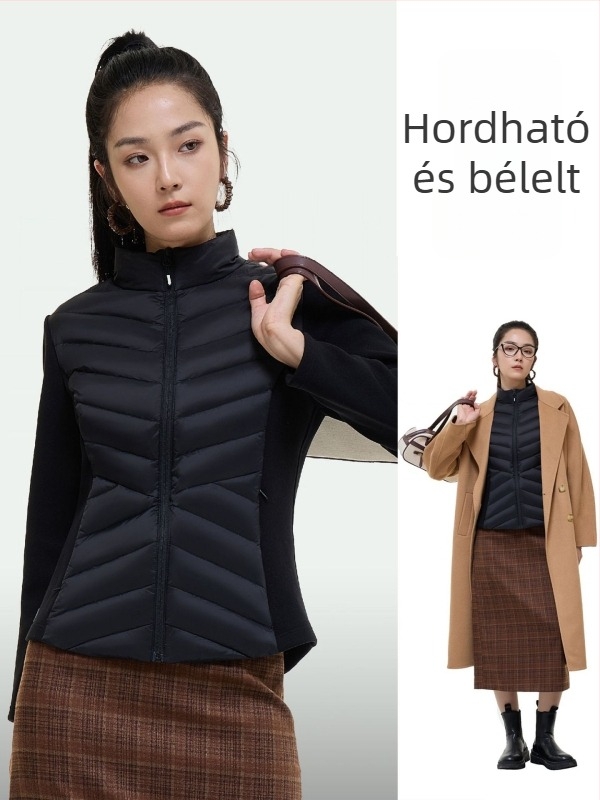 LULU-stílusú könnyű pehelykabát patchwork gallérral, karcsú derékvonal, fehér kacsa pehelytöltetű bélés