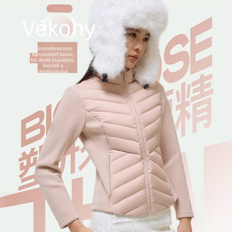 LULU-stílusú könnyű pehelykabát patchwork gallérral, karcsú derékvonal, fehér kacsa pehelytöltetű bélés