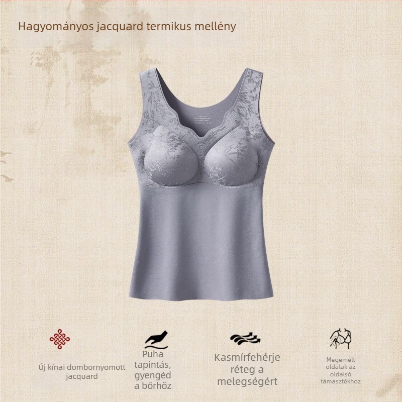 Új kínai stílusú Jacquard termosz top nőknek beépített, rögzített kosarakkal, fleece-béléssel és vastag alapréteggel