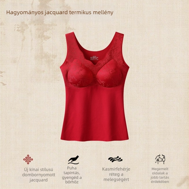 Új kínai stílusú Jacquard termosz top nőknek beépített, rögzített kosarakkal, fleece-béléssel és vastag alapréteggel