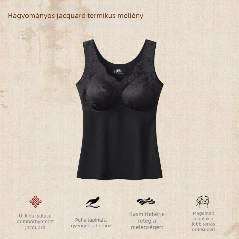 Új kínai stílusú Jacquard termosz top nőknek beépített, rögzített kosarakkal, fleece-béléssel és vastag alapréteggel
