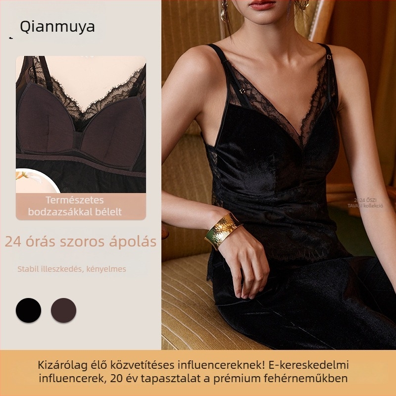 Csipkés hátú szling melltartó nylon anyagból, háromszög alakú vékony kosár, természetes selyem bélés, hasi hosszúság, francia stílus