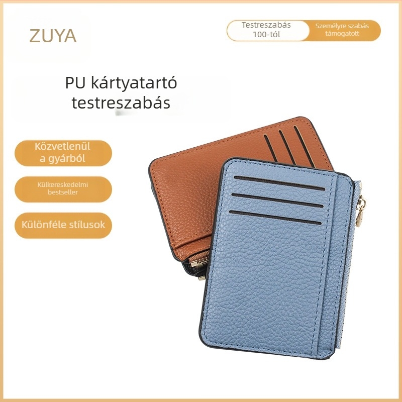 PU bőr kártyatartó RFID-blokkolással, érme zseb, ID-kártya rekesz, cipzárral