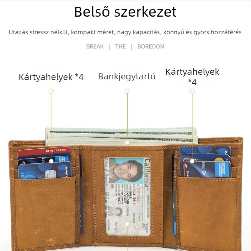 Férfi valódi bőrből készült rövid pénztárca, multifunkcionális, három rekeszes kialakítás kártya- és fényképtartóval, modell 1199