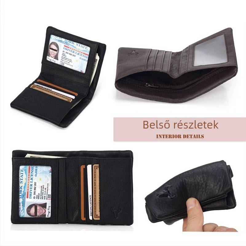 Férfi valódi bőrből készült rövid pénztárca, egyszínű mintázat, poliészter bélés, lélegző, ultra könnyű, kopásálló