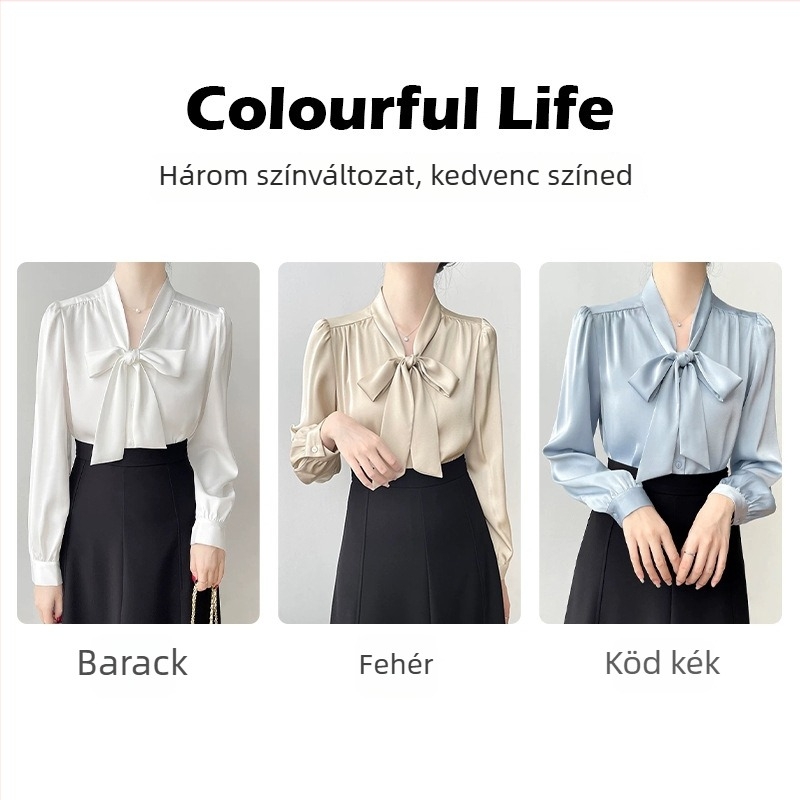 Női chiffonblúz – acetát anyag Spandex-szel, 95%+ acetát tartalom, hosszú ujjú, V-nyak