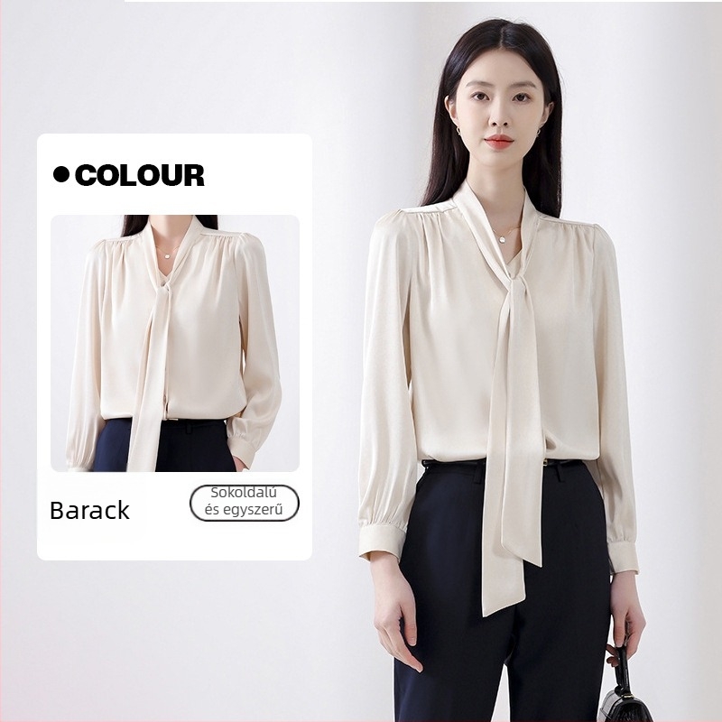 Női chiffonblúz – acetát anyag Spandex-szel, 95%+ acetát tartalom, hosszú ujjú, V-nyak