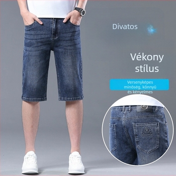Férfi nyári farmer rövidnadrág, magas derekú, rugalmas anyag, egyenes szabás, zseb részlet