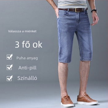 Férfi nyári farmer rövidnadrág, magas derekú, rugalmas anyag, egyenes szabás, zseb részlet